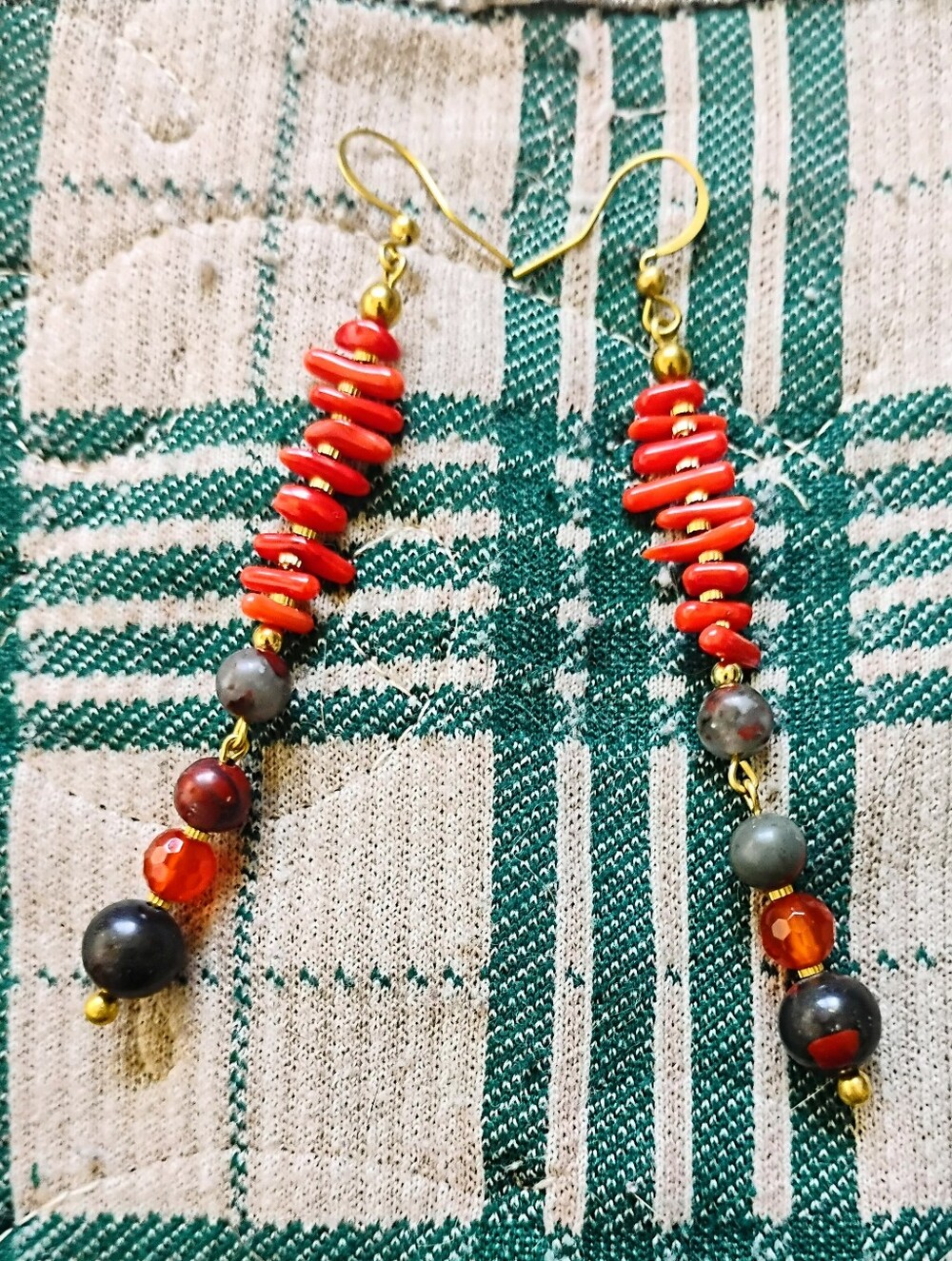 Handmade Red Coral, Bloodstone, and Carnelian Long Earrings